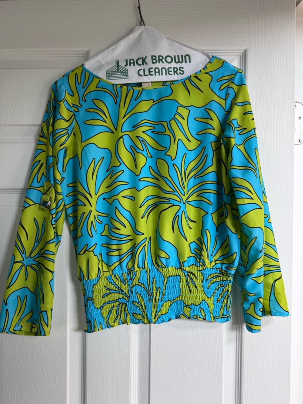 Michael Kors Blue and Lime Green Tropical Print Blouse, loose fit